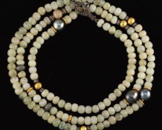 Ladies Gold, Silver, Diamonds, Black Tahitian Pearls and Quartz Long Necklace