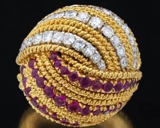 Ladies Gold, Diamond and Ruby Dome Ring