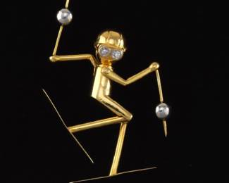 Designer Gold and Diamond Articulated Skier Pendant, Signed JJ