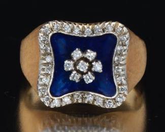 Ladies Vintage Italy TwoTone Gold, Diamond and Cobalt Blue Guilloche Enamel Ring
