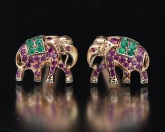 Pair of Gold, Platinum, Ruby and Emerald Elephant Cufflinks