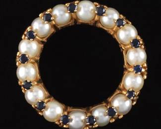 Pearl and Sapphire Circle Brooch