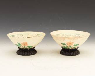 Two Antique Chinese Bisque Bowls on Carved Rose Wood Lotus Stands