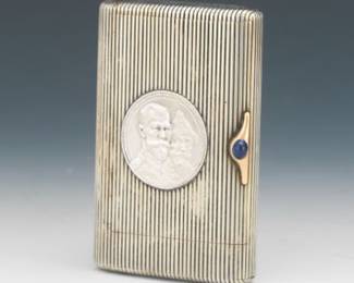 Imperial Russian Silver Cigarette Case, Gold and Blue Sapphire with Commemorative Silver Coins