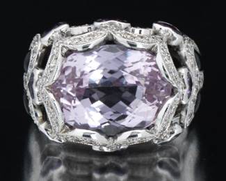 Ladies Gold, Kunzite, Diamond, Amethyst and Black Onyx Ring