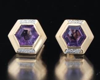 Ladies Pair of Gold, Amethyst and Diamond Ear Studs