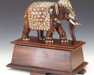 Indian Antique Carved SemiPrecious Woods and Bone Temple Elephant Sculpture on Pedestal
