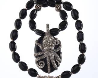 Ladies Sterling Silver, Black Onyx and Marcasite Octopus Pendant Necklace