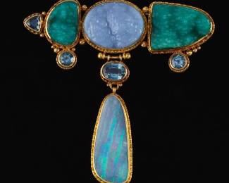 Luna Felix 22k Gold Opal, Sapphire Brooch