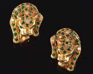 Ladies Pair of Gold, Emerald and Diamond Panther Earrings