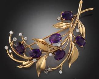 Ladies Gold, Amethyst and Diamond Spray Pin Brooch, Signed Cartier