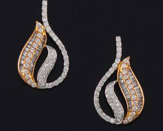 Ladies Pair of TwoTone Gold and Diamond Scroll Earrings
