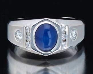 Ladies Gold, Star Blue Sapphire and Diamond Ring