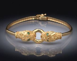 Ladies Italy Gold and Emerald Double Panther Head Bracelet