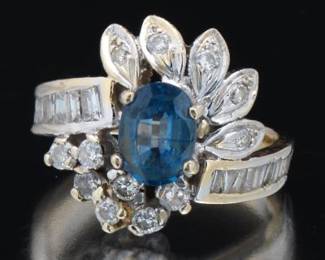 Ladies Gold, Blue Sapphire and Diamond Bypass Ring