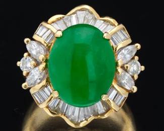 Ladies Gold, Apple Green Jadeite Jade and Diamond Ballerina Ring