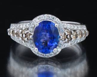 Ladies Gold, Tanzanite, White and Cognac Diamond Ring