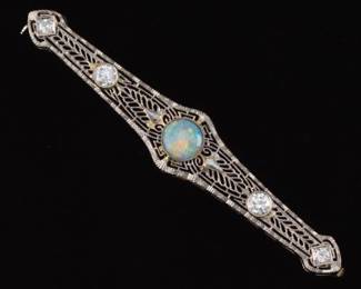 Edwardian Gold, Black Opal and Diamond Pin Brooch