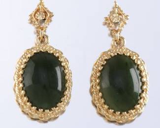 Ladies Pair of Gold and Spinach Green Jade Earrings