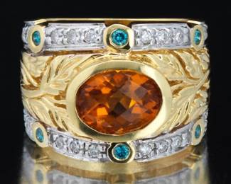 Ladies TwoTone Gold, Amber Citrine and Diamond Wide Ring
