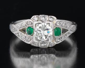 Art Deco Platinum, Diamond and Emerald Ring