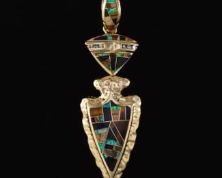Artisan Native American Gold, Diamond and Gem Stones Arrow Head Pendant