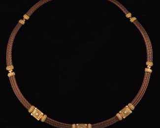 Charriol Gold, Patinated Steel and Diamond Choker Station Necklace