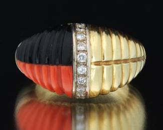 Retro Coral, Onyx and Diamond Ring
