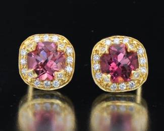 Ladies Pair of Gold, Pink Tourmaline and Diamond Ear Studs