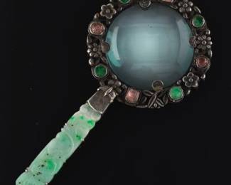 Antique Chinese Silver, Jade and Gem Stones Magnify Glass