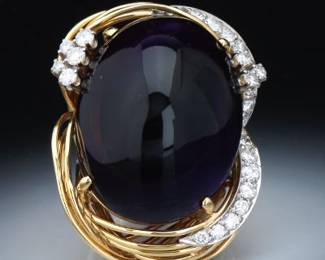 Massive 60 Carat Amethyst Cabochon and Diamond Ring
