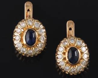 Ladies Pair of Gold, Blue Sapphire and Diamond Earrings
