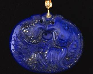 Carved Lapis Double Fish Pendant with Gold Mount
