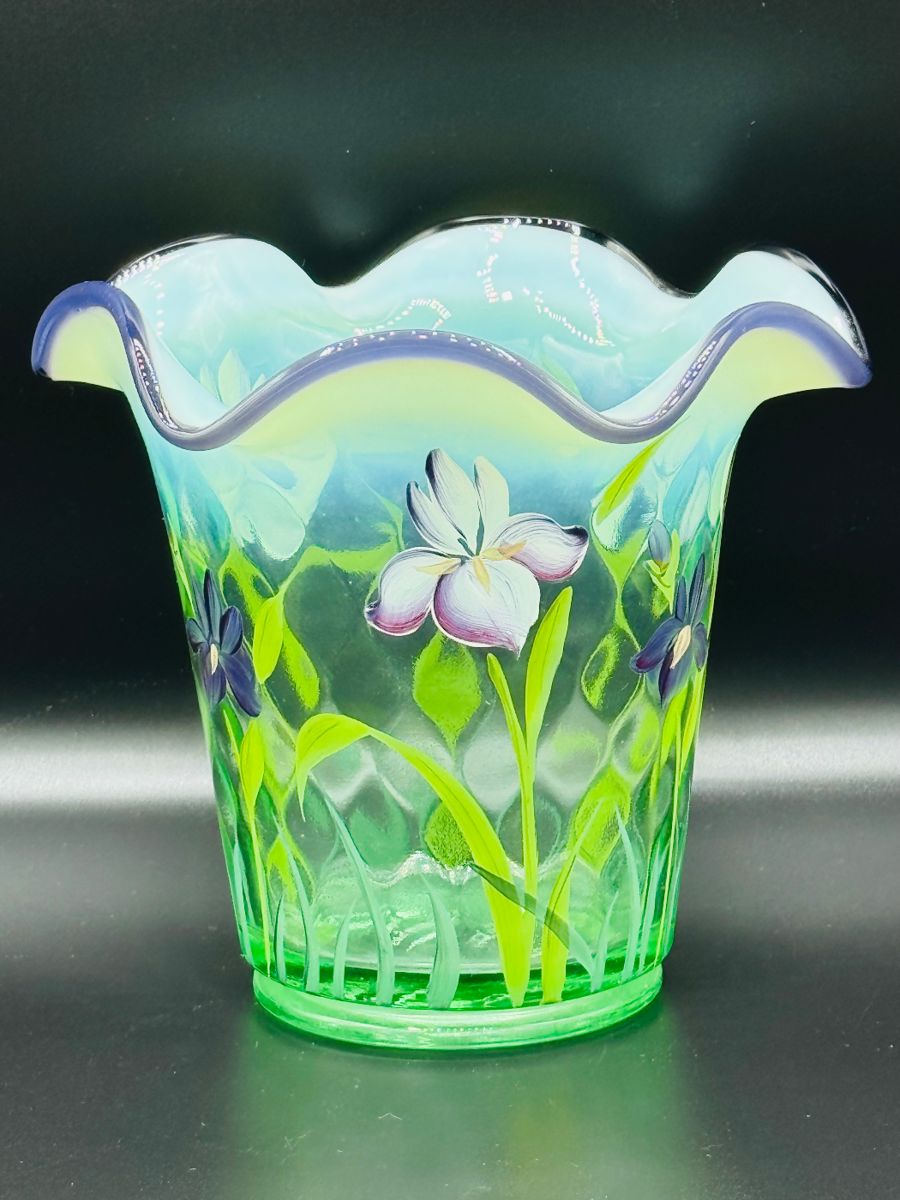 
Fenton designer showcase series optic teal Ruffle lip vase Designed by M Reynolds signed by Bill Fenton, and painted by Jay Powell