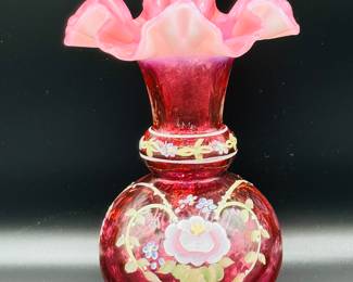 Fenton cranberry opalescent diamond optic vase 1997 limited edition signed Bill Fenton hand painted by G McGuffey