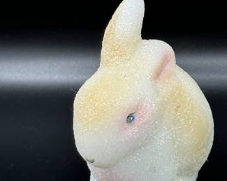 Fenton milk, glass, white, opal glitter, bunny, hand painted by D Cutshaw original Fenton paper sticker