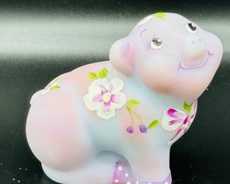 Fenton lavender Burmese pig with flowers with original Fenton Piper, sticker and hand painted by Kim Anderson