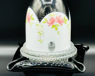 Fenton, three-piece, black and white Bill Heacock Roses fairy lamp with original Fenton paper sticker Handpainted by Mindenhall