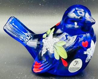 Fenton cobalt bird with original Fenton paper sticker hand painted by P lemon