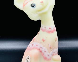 Fenton Burmese Hand painted satin happy Alley Cat uranium glass signed Shelly Fenton