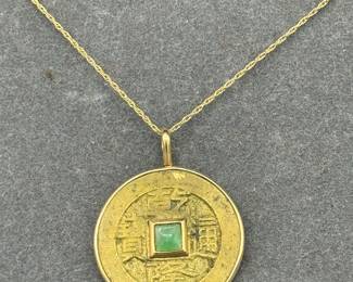 14kt Yellow Gold Necklace With An Asian Coin Style Pendant
