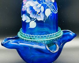 Fenton cobalt blue rib, optic handpainted, three-piece fairy lamp