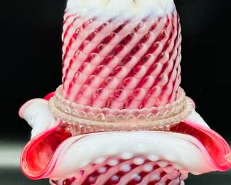 Fenton cranberry and white fairy lamp hobnail with Fenton mark on the bottom