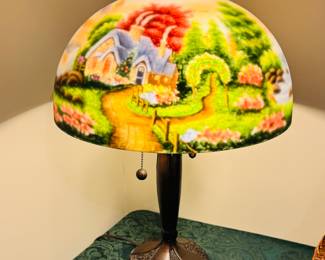 Thomas Kincaid reverse painted lamp. “ a new day dawning.” 