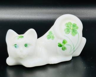 Fenton cat luck of the Irish milk glass original Fenton paper sticker handpainted by J Cutshaw