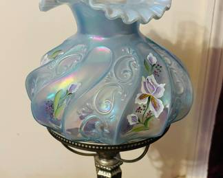 Fenton Misty blue painted irises Paisley iodized student lamp. Shade signed T Watson .