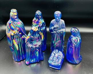  Fenton Cobalt Blue Carnival Nativity scene With paper Fenton stickers and embossed Fenton