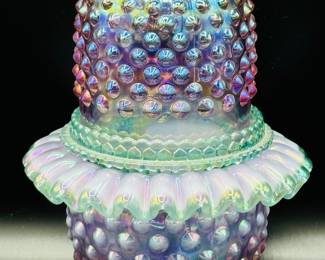 Fenton fairy lamp, three piece, pink and mint ruffled signed Shelly Fenton