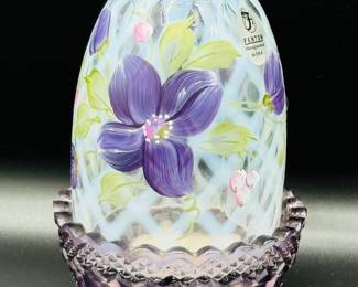 Fenton handpainted, purple floral fairy lamp and painted by L. Everson
