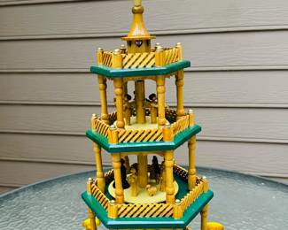 German Christmas Pyramid - Spinning Nativity Table Top Holiday Décor, 4-Tier Carousel with Candle Holders